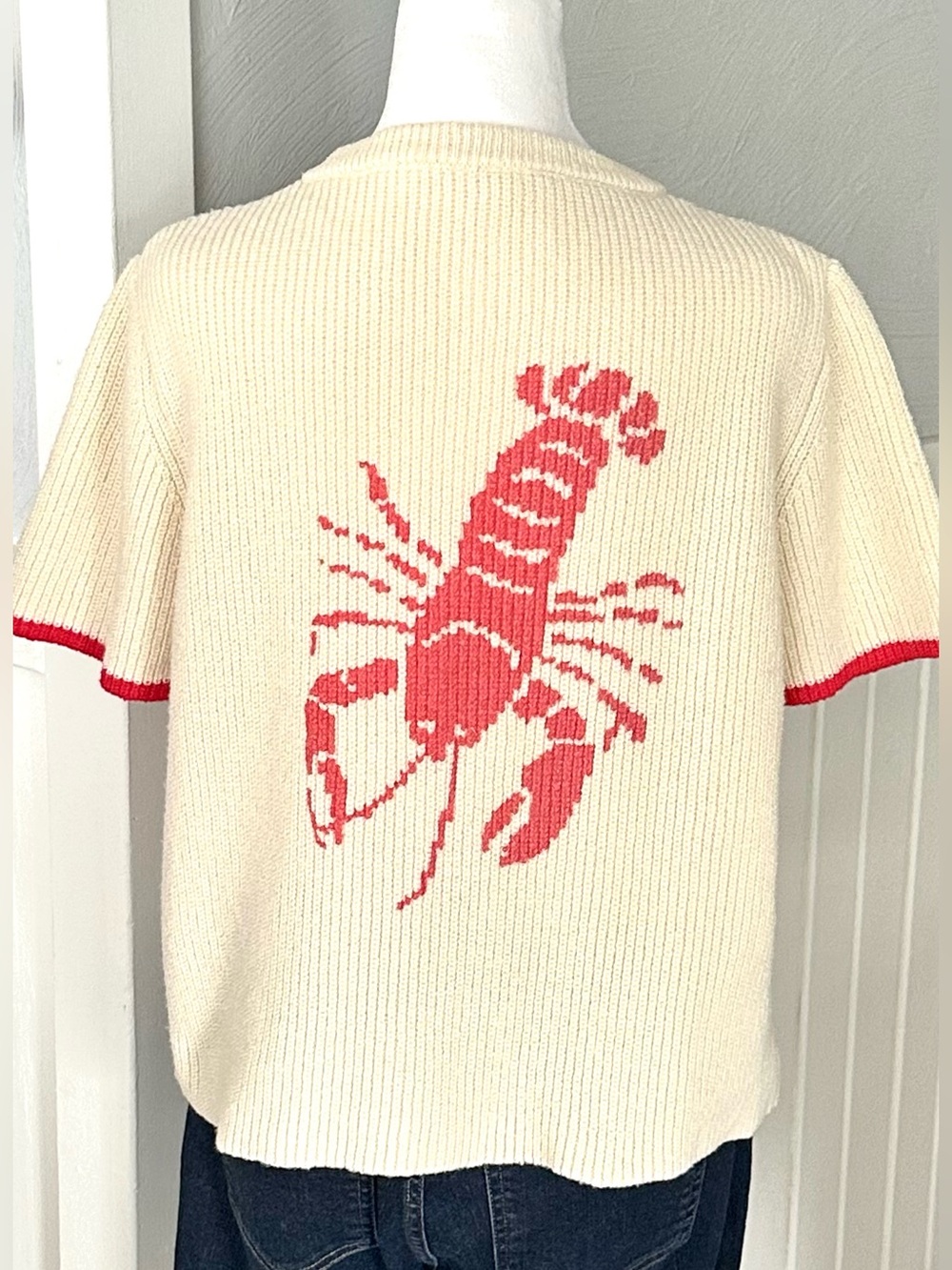 Lobster Knit Cardigan Short Sleeve Women’s L Cream & Red Trim Coastal